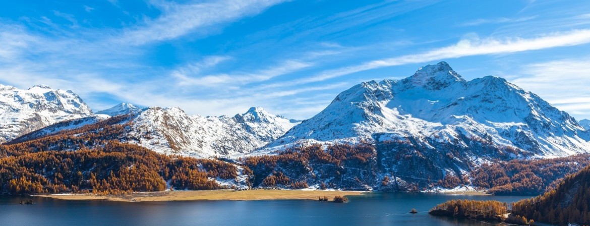 Lake Sils and the peaks of the Bernina Alps